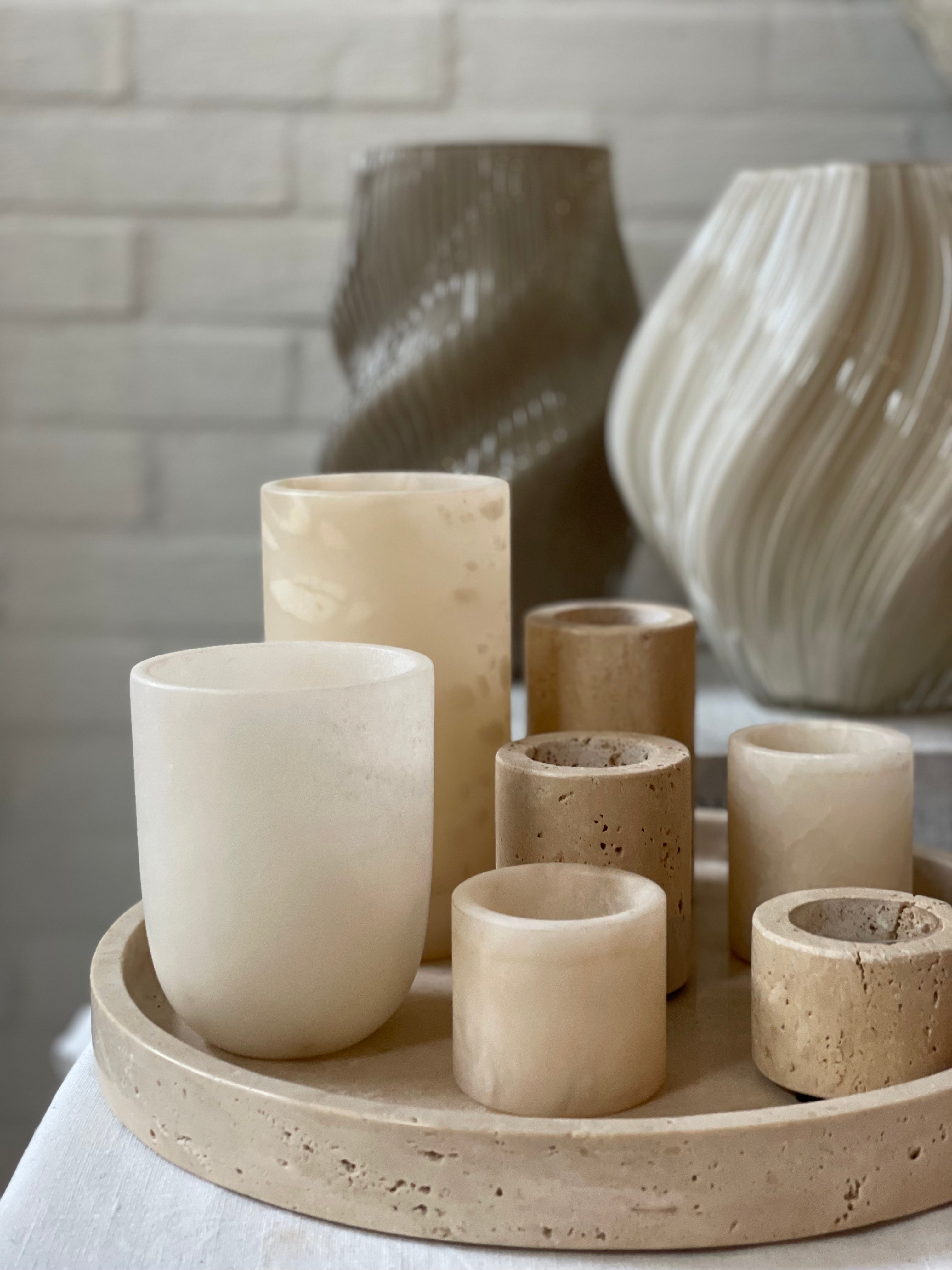 Bougeoir en albâtre Beige L arrondi